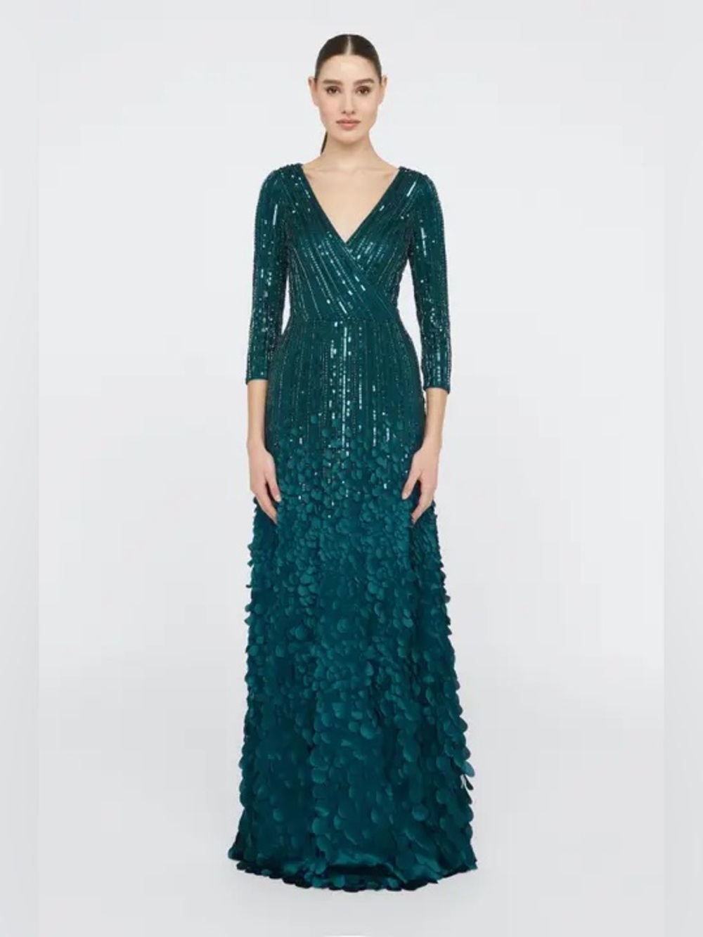Theia Arabella Teal Sequin & Petal Full Length Gown